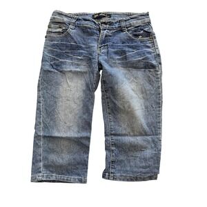 R & Y Jeans Womens 27 Blue Medium Wash Low Rise Capri Distressed Denim 29x17